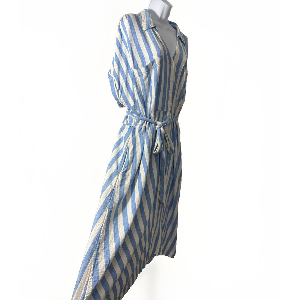 Coastal Grandmother Blue White Striped Linen Blend Midi Shirt 1XDress Button Tie